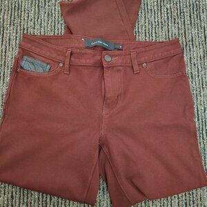 Calvin Klein Burgundy Stretch Skinny Pant Faux Leather Trim + Denim Look SZ 10